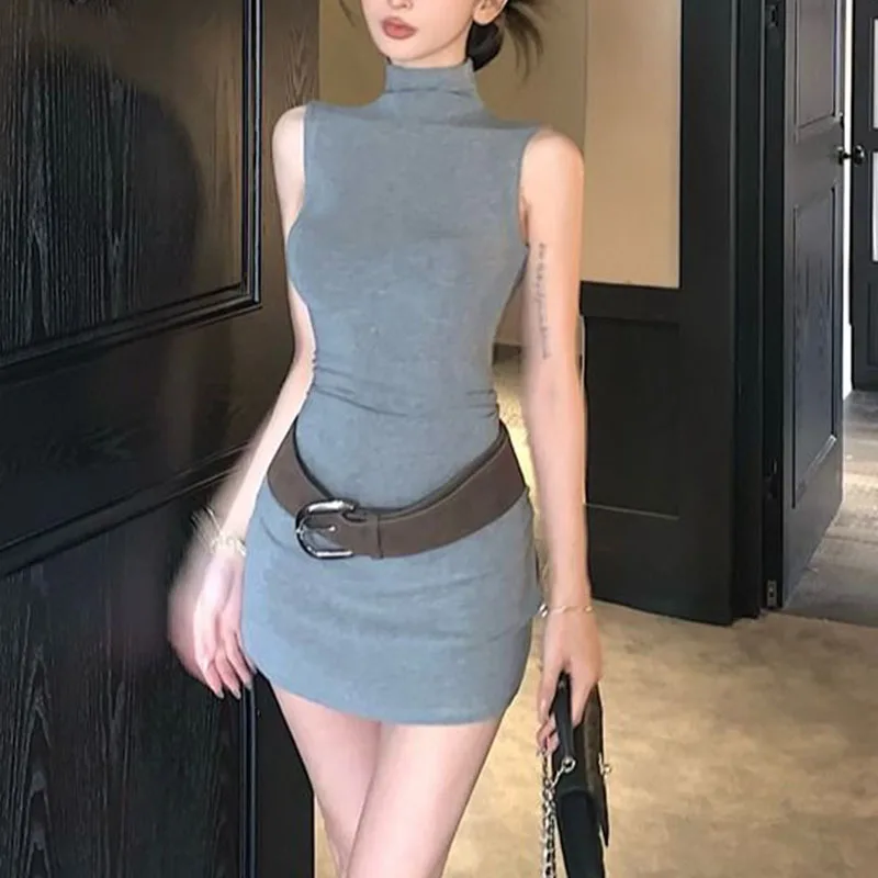 Women's Gray Sleeveless Turtleneck Bodycon Mini Dress Slim-Fit Rib Knit b Party Dress with  Formal Evening Daily Dress