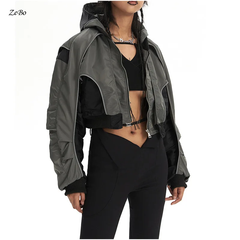 

Heavy Industry Design Sense Niche Top Autumn and Winter New Contrasting Color Patchwork Personalized Hooded Short Jacket