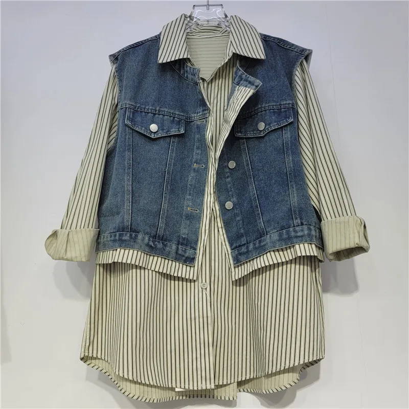 SuperAen-Chaleco vaquero corto de estilo coreano para mujer, camisas holgadas a rayas Vintage simples con cuello de solapa nueva, otoño 2025