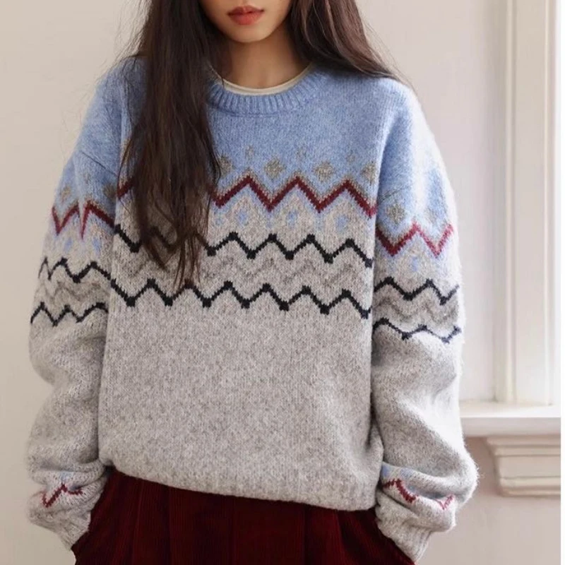 

Fashion Waxy Pattern Contrasting Color O-Neck Long Sleeve Wool Knitted Sweater for Women Retro Geometric Wool Pullovers Sweater