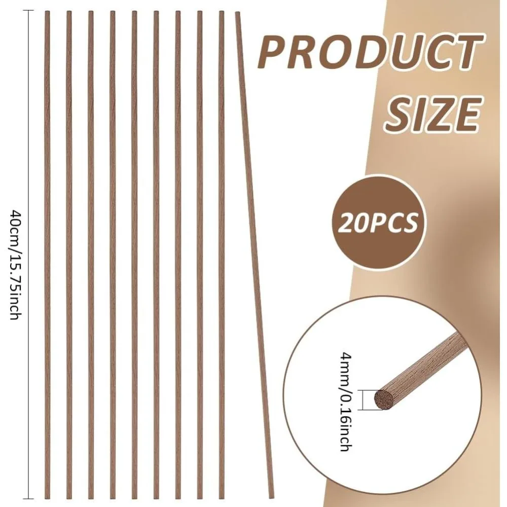 20pcs Black Walnut Wooden Dowel Rods 15.75x0.16 Inch Wooden Rod Sticks Unfinished Wood Dowels for DIY Woodworking Support
