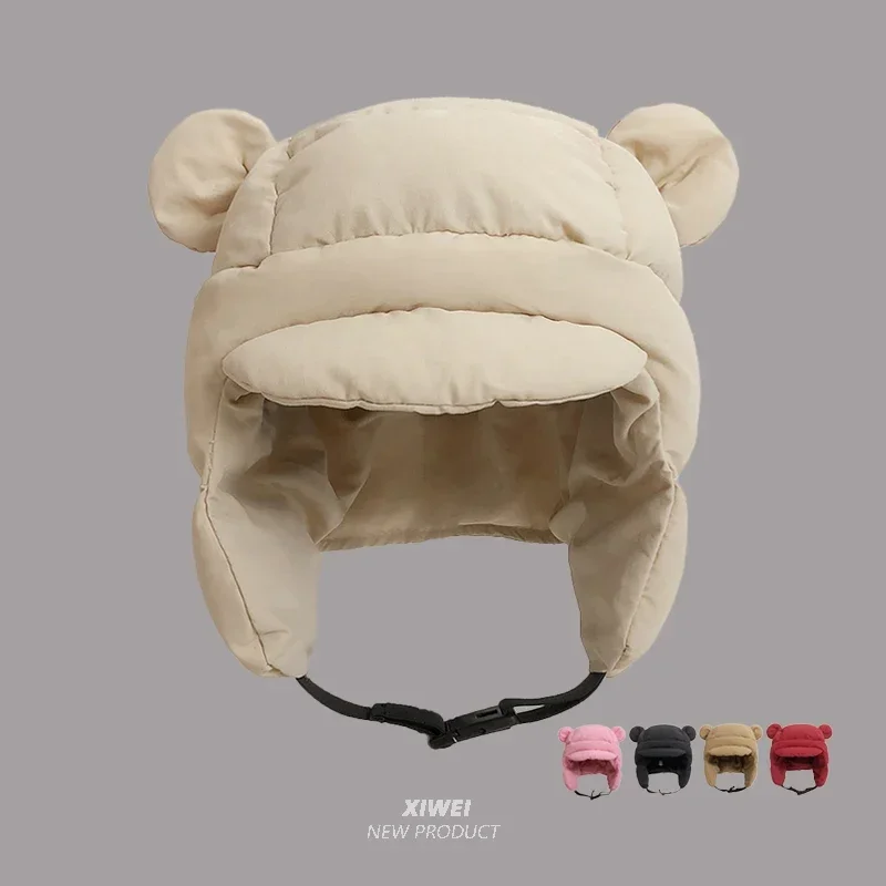 Ins New Cute Bear Ears Padded Bomber Hats for Women Autumn Winter Outdoor Warm Casual Versatile Retro Pilot Caps for Men