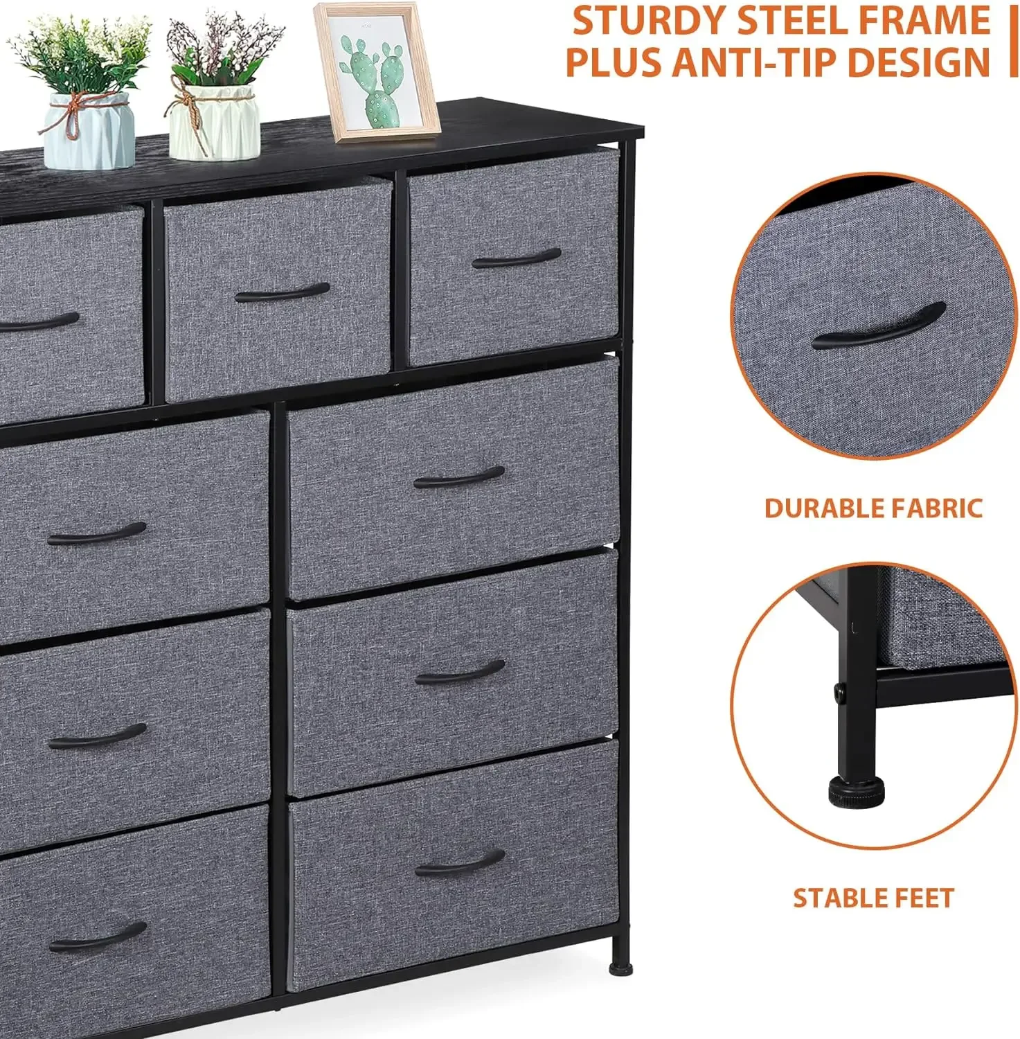 9 Drawers Dresser,Fabric Storage Tower, Organizer Unit Tall Chest with Fabric Bins, Steel Frame, Wooden Top & Easy Pull Handle