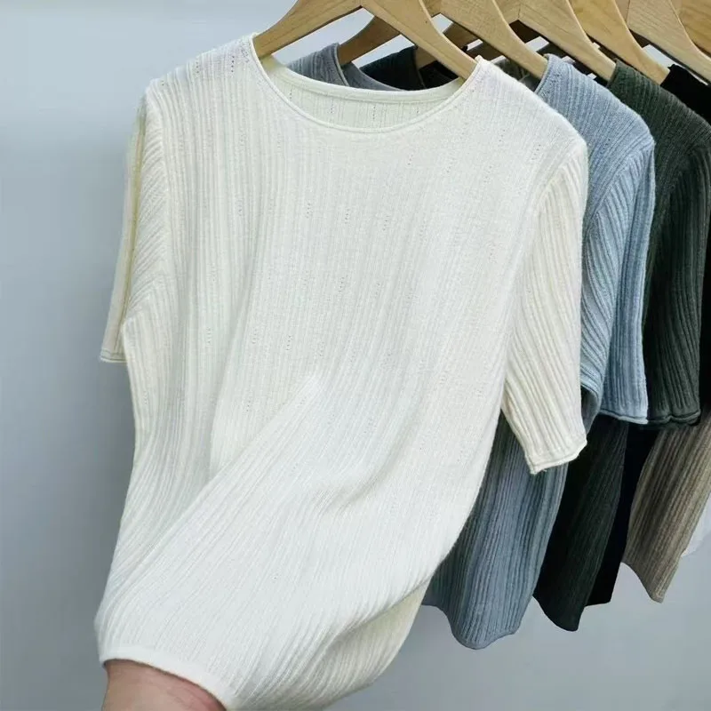 

Knitted Sweater Women Pullovers New Short Sleeve O-Neck white Knit Sweater Pullover Women Tops Sweaters Sueters De Mujer Q1279