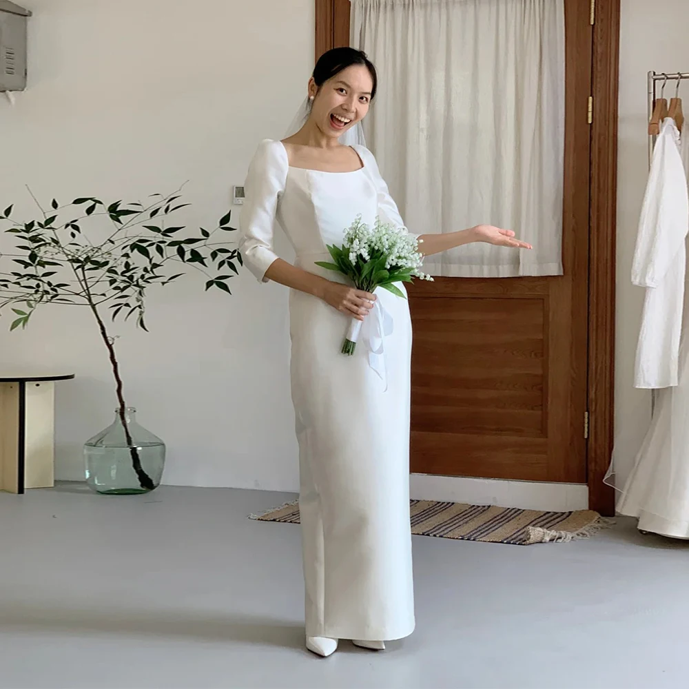 Elegant Satin Sheath Wedding Dress Korean Style Simple Three Quarter Sleeves Ankle Length Zipper Bridal Party Gown 웨딩드레스 TSWD532