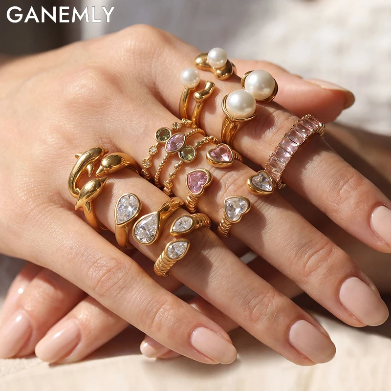 GANEMLY Zartes Herz-Perlen-Ring-Set mit kubischen Zirkonia-Steinen, Edelstahl, goldfarben, verstellbar, modischer offener Ring, schicker Charm-Schmuck