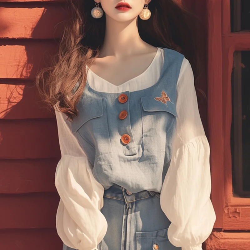 

Французские женские блузки, корейские рубашки, МОДНЫЕ свободные весенне-летние винтажные костюмы, лоскутные женские топы с длинными рукавами