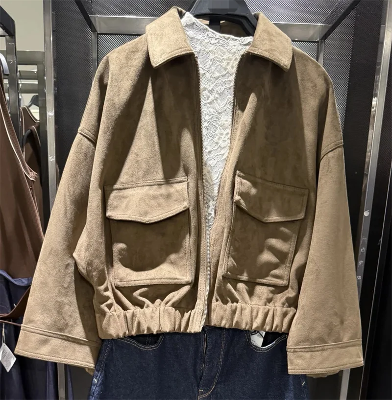 

Женская куртка-бомбер с длинным рукавом на молнии, замшевые куртки для женщин, 2021, уличные короткие пальто, женская осенняя одежда для отдыха, новая верхняя одежда