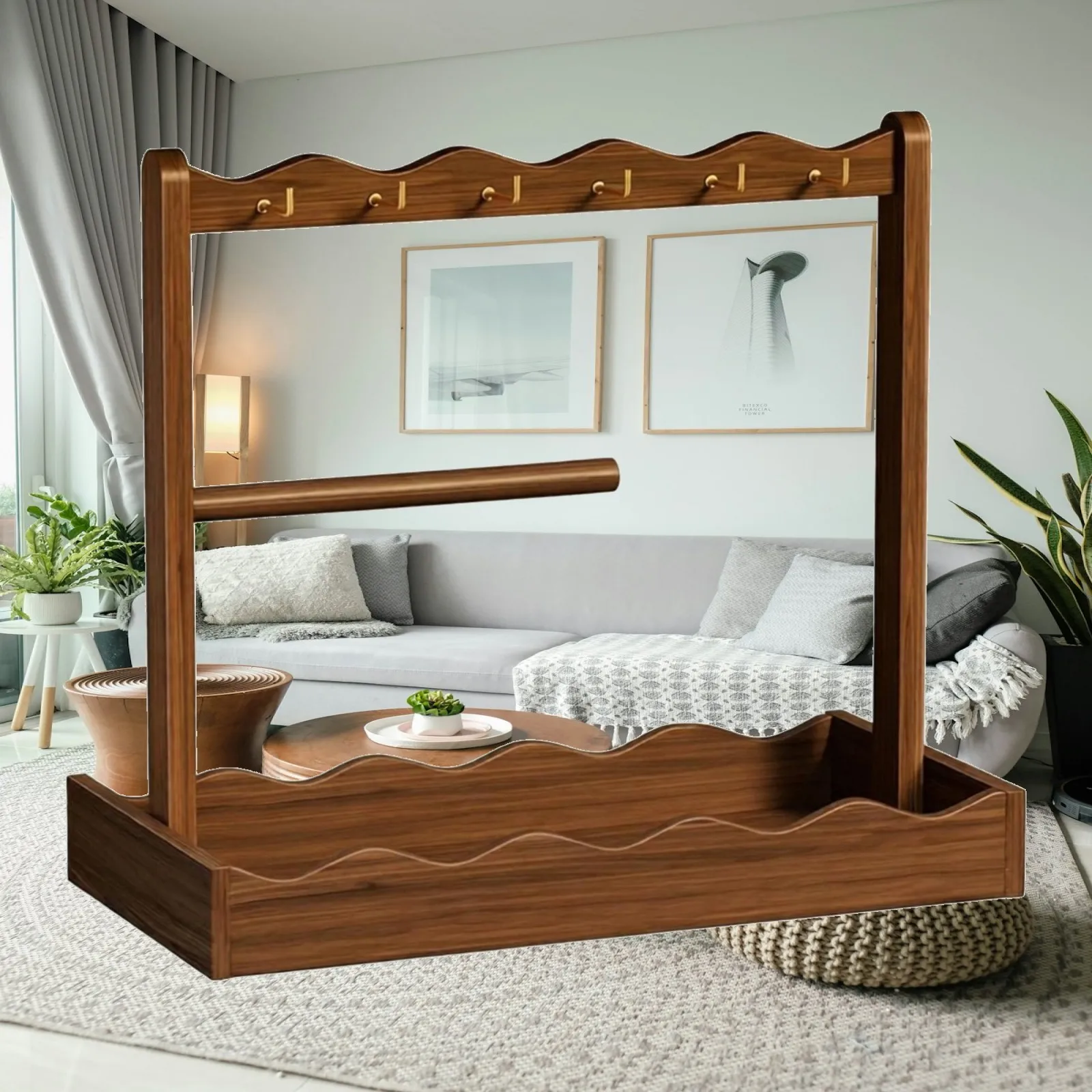 Wooden Entryway Organizer Rack Compact Key and Jewelry Organizer with Tray Tabletop Accessory Rack with Hooks Space-Saving Slim