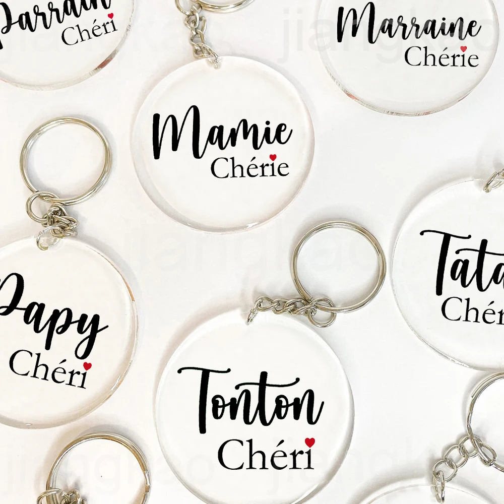 French Print Keychain Transparent Circle Chain Acrylic Keyring Holiday Birthday Gift for Tata Marraine Tonton Mamie Papy Parrain