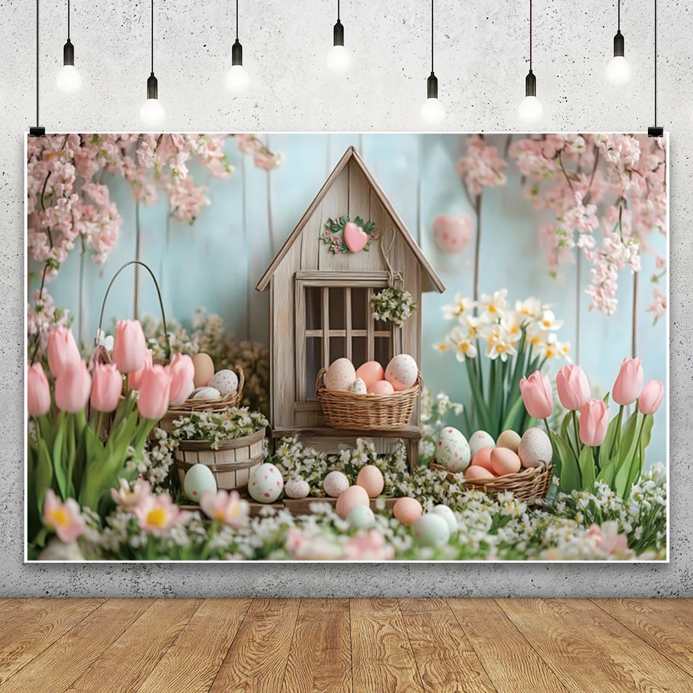 عيد الفصح خلفية الربيع حديقة أرنب عيد الفصح البيض الملون الأزهار التصوير خلفية الطفل حفلة عيد ميلاد ديكور راية