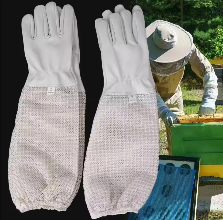 1 Pair Ultra Mesh Beekeepers Gloves 3-layer Net Ventilation Protect Your Hands Fully Ventilated Goatskin Beekeeping Gloves