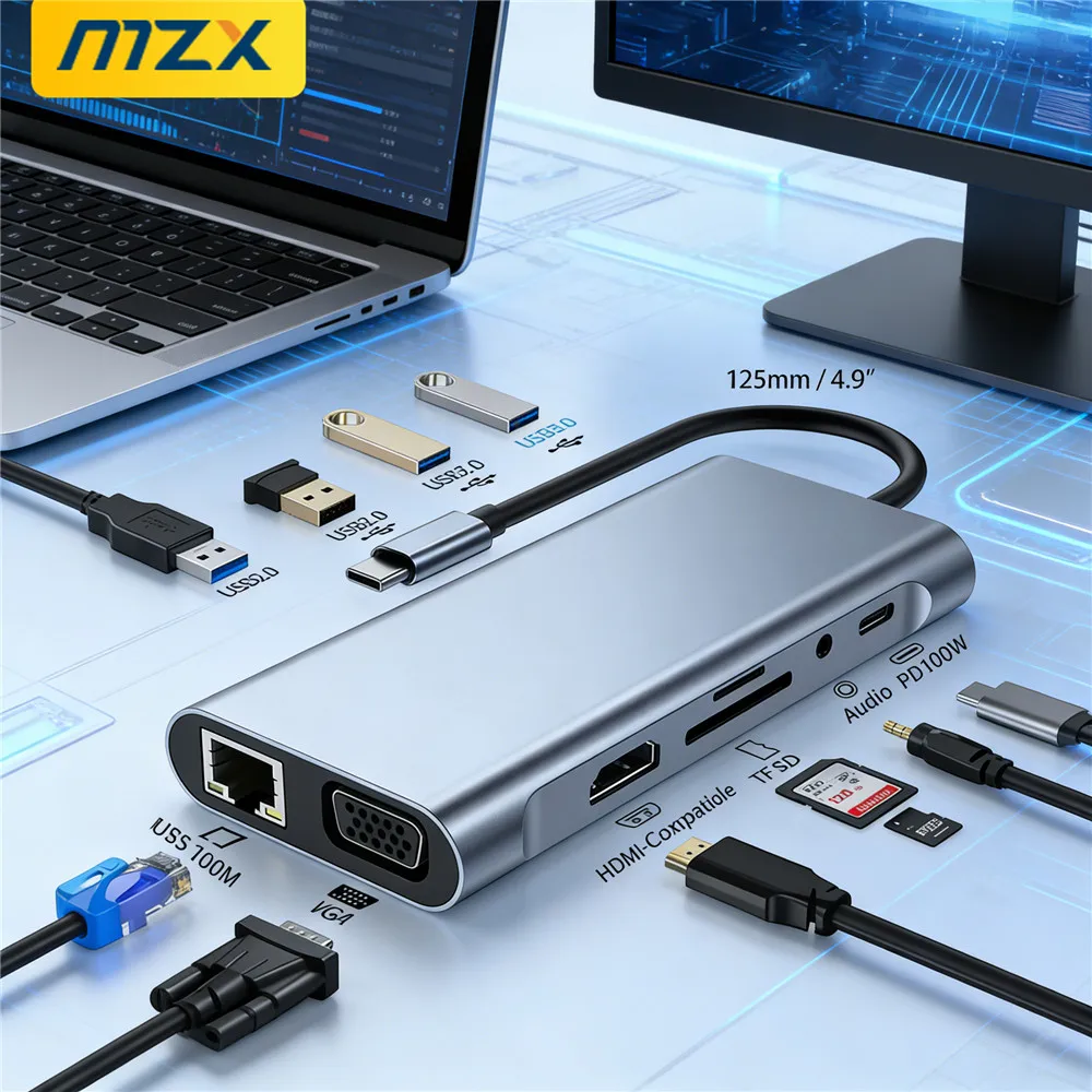 MZX 11in1 4K USB C Hub Docking Station HDMI-Compatible Tipo A Type 3 0 RJ45 Adapter Concentrator Dock Hubs PC Laptop Accessories