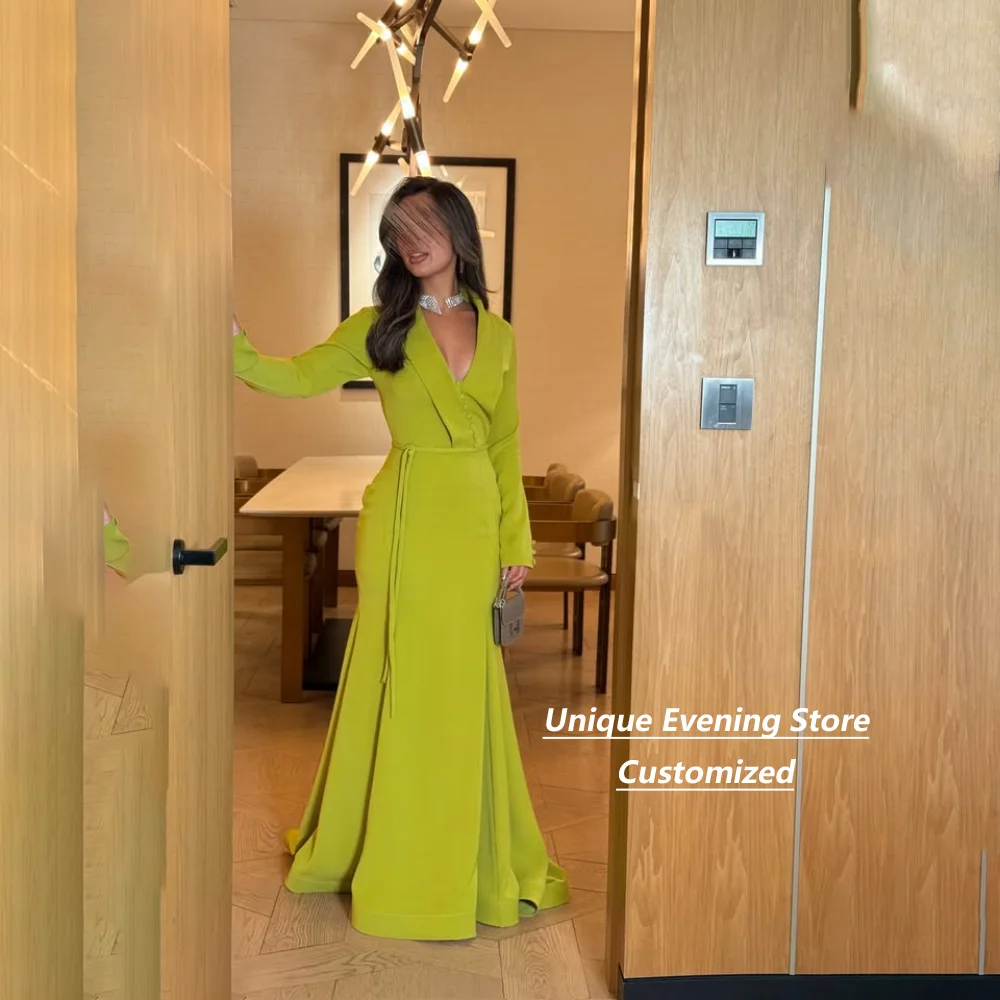 Customized Lime Green Stretch Crepe Blazer V Neck Long Sleeve Gown With Waist Sash Mermaid Floor Length Formal Evening Dress