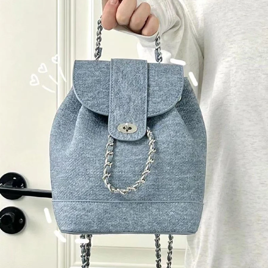 Modne plecaki z klapką dla kobiet tkanina dżinsowa pojemność plecaki podróżne wiadro ze sznurkiem torby na ramię unisex plecak z łańcuszkiem Sac