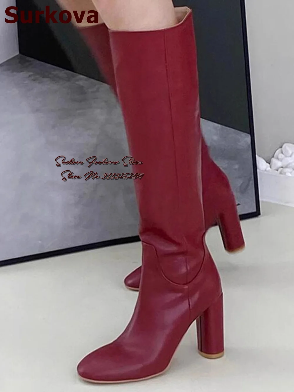 

Surkova Wine Red Black Matte Leather Cylindrical Shaped Heel Knee Boots Burgundy Round Toe Chunky Heels Tall Boots Slip-On Shoes