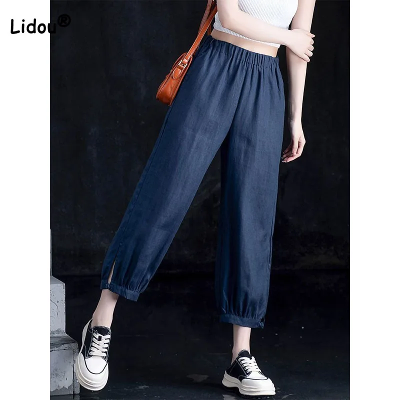 

Casual Women's Solid Color Bloomers Pants Summer Simplicity Fashion Elastic Waist Cotton Linen Pockets Pants Female Clothing