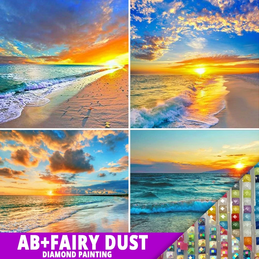 Pintura de diamantes de polvo de hadas AB, 5D bordado de puesta de sol, imagen de paisaje, mosaico de playa, punto de cruz, arte, taladro completo, manualidades DIY