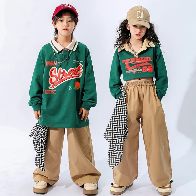 Ropa de baile moderno para niños, camisas verdes, pantalones sueltos, trajes deportivos Kpop para niñas y niños, ropa de Hip Hop, DQS11579, novedad