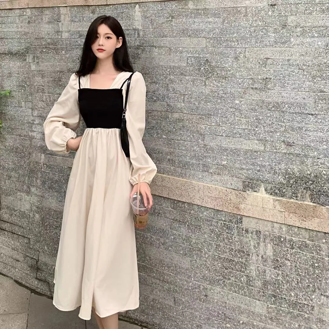 

French Style Square Collar Patchwork Dress Women Vintage Panelled Sweet Princess Girls Gentle A-line Defined Students Aeathetic