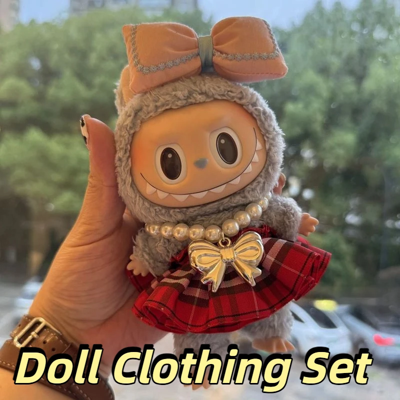 

Подходит для сменного комплекта лабубу и хлопковой куклы 15-17 см, жемчужное ожерелье, клетчатая юбка, аксессуары с бантом, комплект из трех предметов