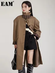 [EAM] Women Brown Striped Color-block Big Size Long Trench New Lapel Long Sleeve Windbreaker Fashion Spring Autumn 2024  1DH8029