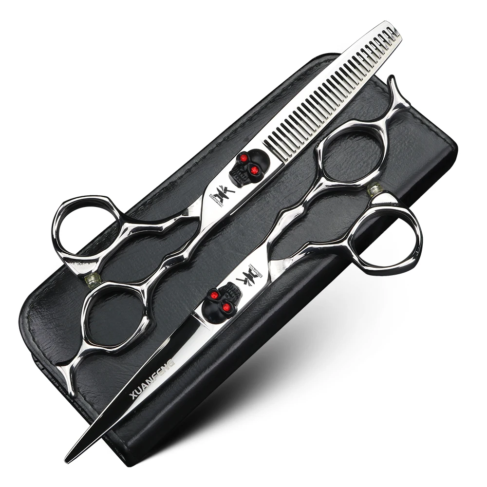 מספרי שיער XUANFENG skull6 אינץ' כסופים עם ידית מעוקלת, מספרי ספר מפלדה, מספרי חיתוך ומספרי דילול