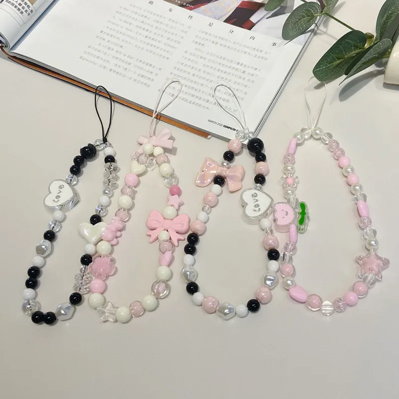 Sweet Cute Butterfly Heart Bear Beaded Mobile Phone Chain Korean Fashion Pearl Acrylic Mobile Phone Strap Phone Pendant Jewelry