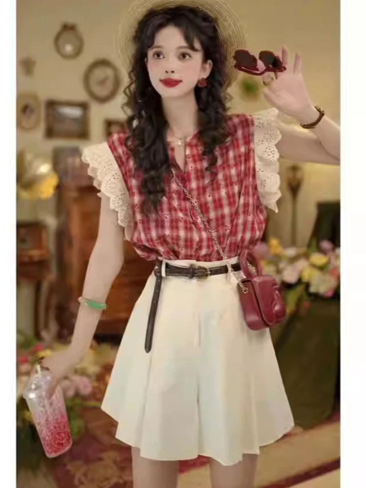 2026 Summer Casual Sweet 2 Piece Set for Women Flying Sleeve Plaid Shirt + All Match High Waist Skort Chic Daily Female Outfits