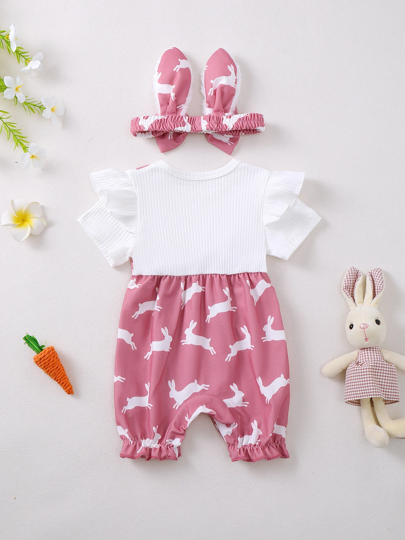 Baby Girl Rabbit Print Short Sleeve Romper Suit with Headwear Infant Clothing Set