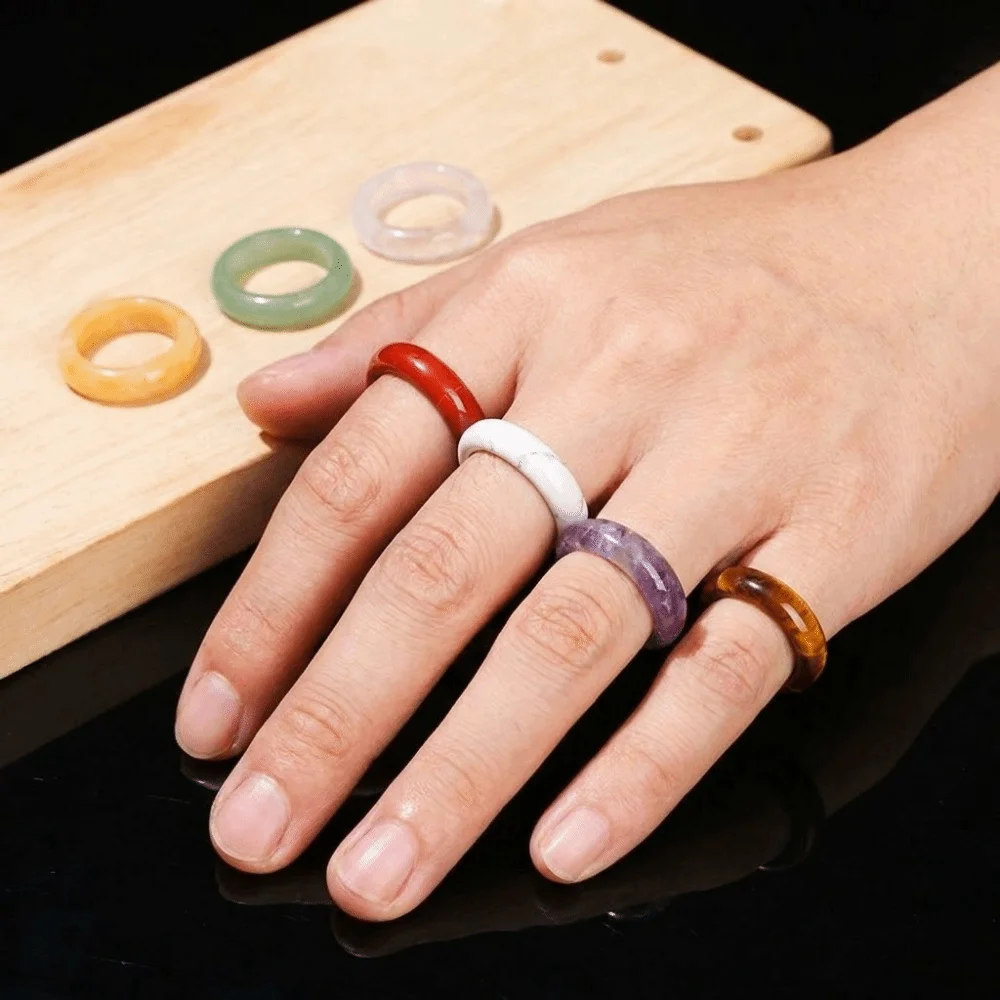 Personality Elegant Crystal Stone Band Rings Natural Crystal Obsidian Stone Minimalist Ring All-match Solid Design Jewelry Men