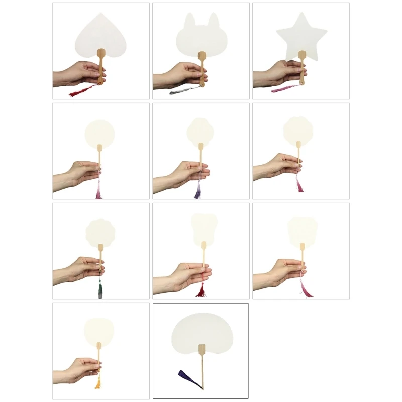 White Round Fan with Tassels DIYs Blank Fan Handle Chinese Rice Paper Fan Handheld Fan Party Supplies Gift