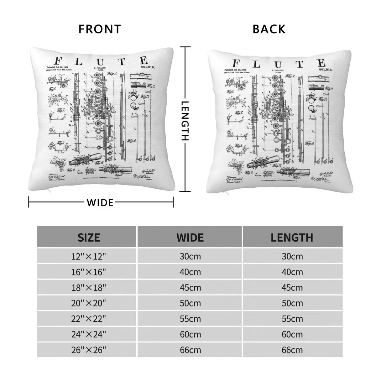 Flute Vintage Patent Flutist Square Pillowcase Polyester Linen Velvet Creative Zip Decorative Throw Pillow Bed Cushion Cover 18