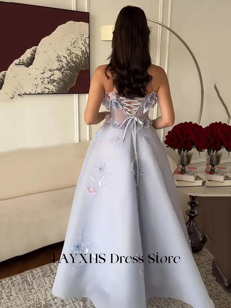 LAYXHS Exquisite trägerlose Abendkleider, A-Linie, 3D-Blumen-Tüll, durchsichtig, mit Schnürung, Damen-Abschlussballkleider, individuell gestaltet