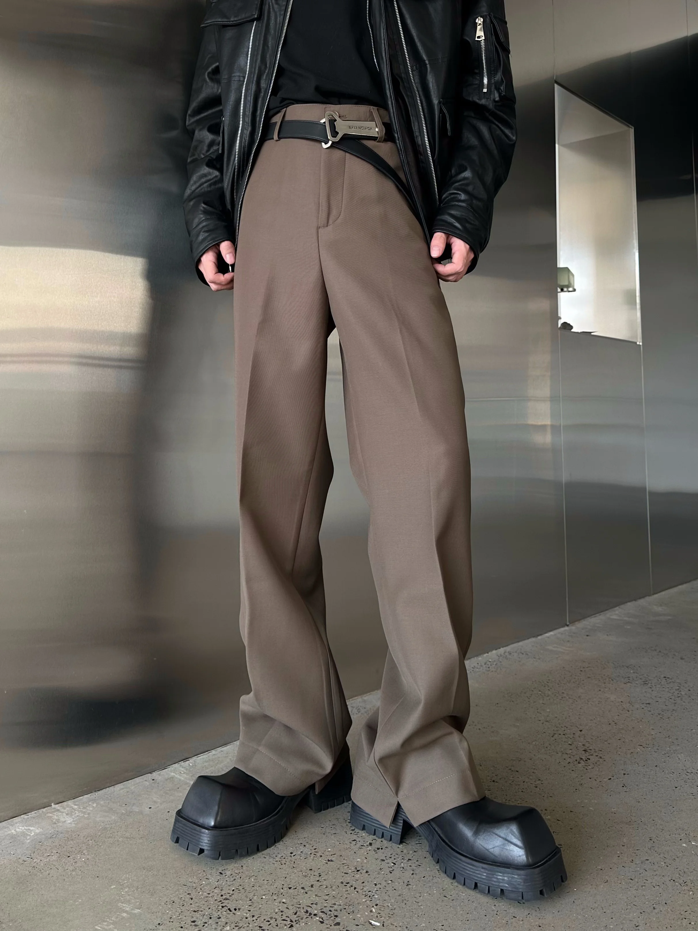 MARTHENAUT High Street Micro Flared Long Floor-Length Slit West Pants Drapey Texture Versatile Straight Leg Trousers for Youth