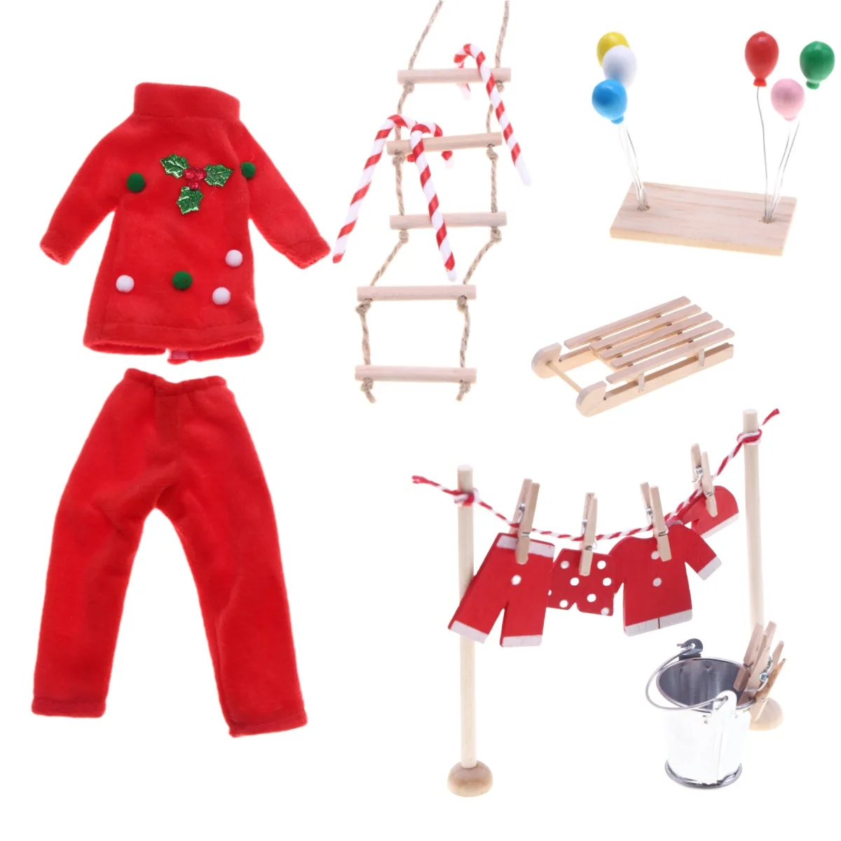 1:12 Dollhouse Miniature Christmas Elf Outfit, Miniature Swing Balloon Ladder Prop, BJD Christmas Arrival Gift