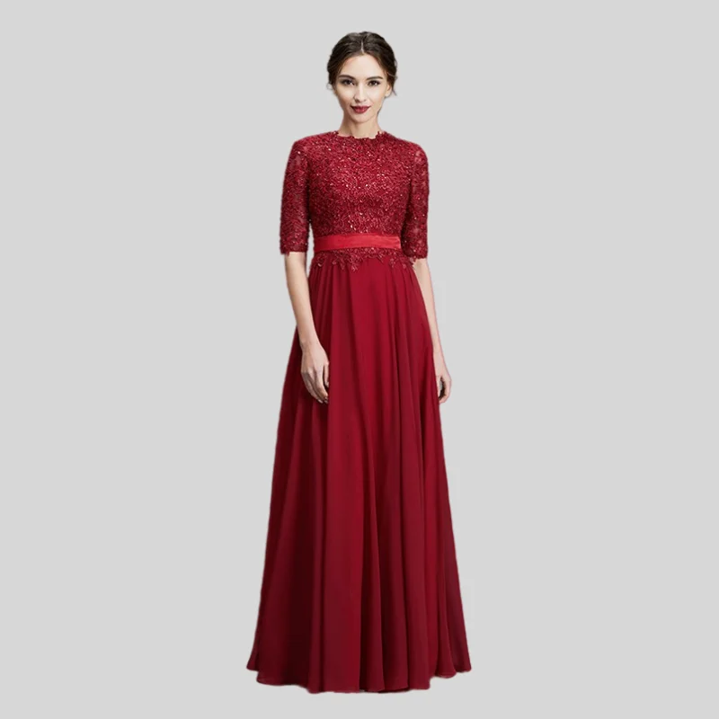 Red Mother Of The Bride Dresses A-line Half Sleeves Chiffon Appliques Beaded Plus Size Long Groom Mother Dresses For Wedding