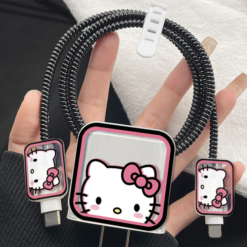 Sanrios Cute HelloKitty Charger Data Cable Protective Cover for iPhone 15 14 13 12 Pro Max 18~20W Soft Glue Shell Winding Rope