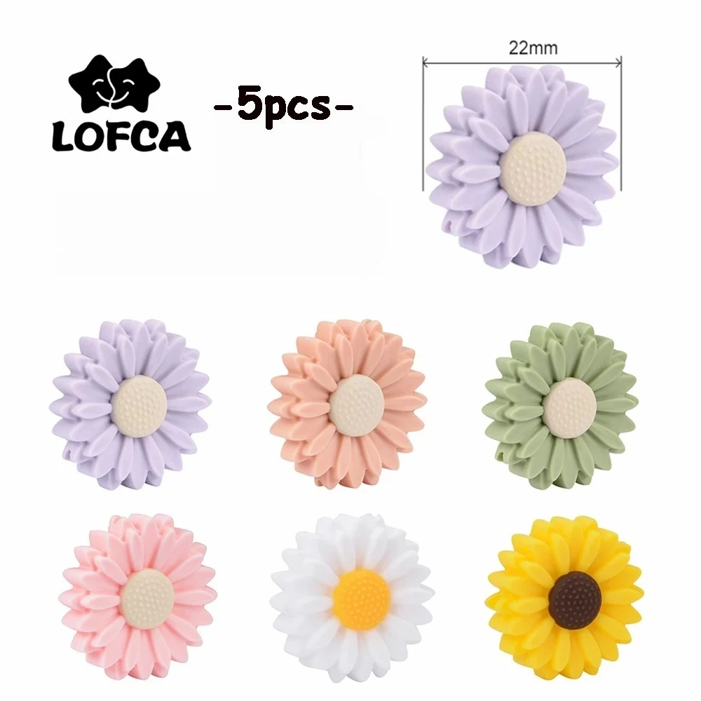 LOFCA Silicone Beads 5pcs Daisy Food Grade Flower Teething Beads DIY Chew Charms Necklace Jewelry Making Baby Teethers Pacifier