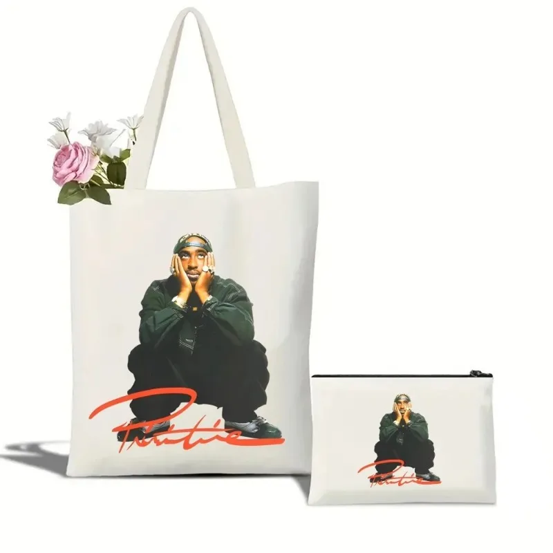 

2pcs/set Hip Hop Ladies Handbag Cosmetic Organizer Fashion Rapper Tupac Shoulder Bag Eco Large Capacity Shopping Bag Schoolbag