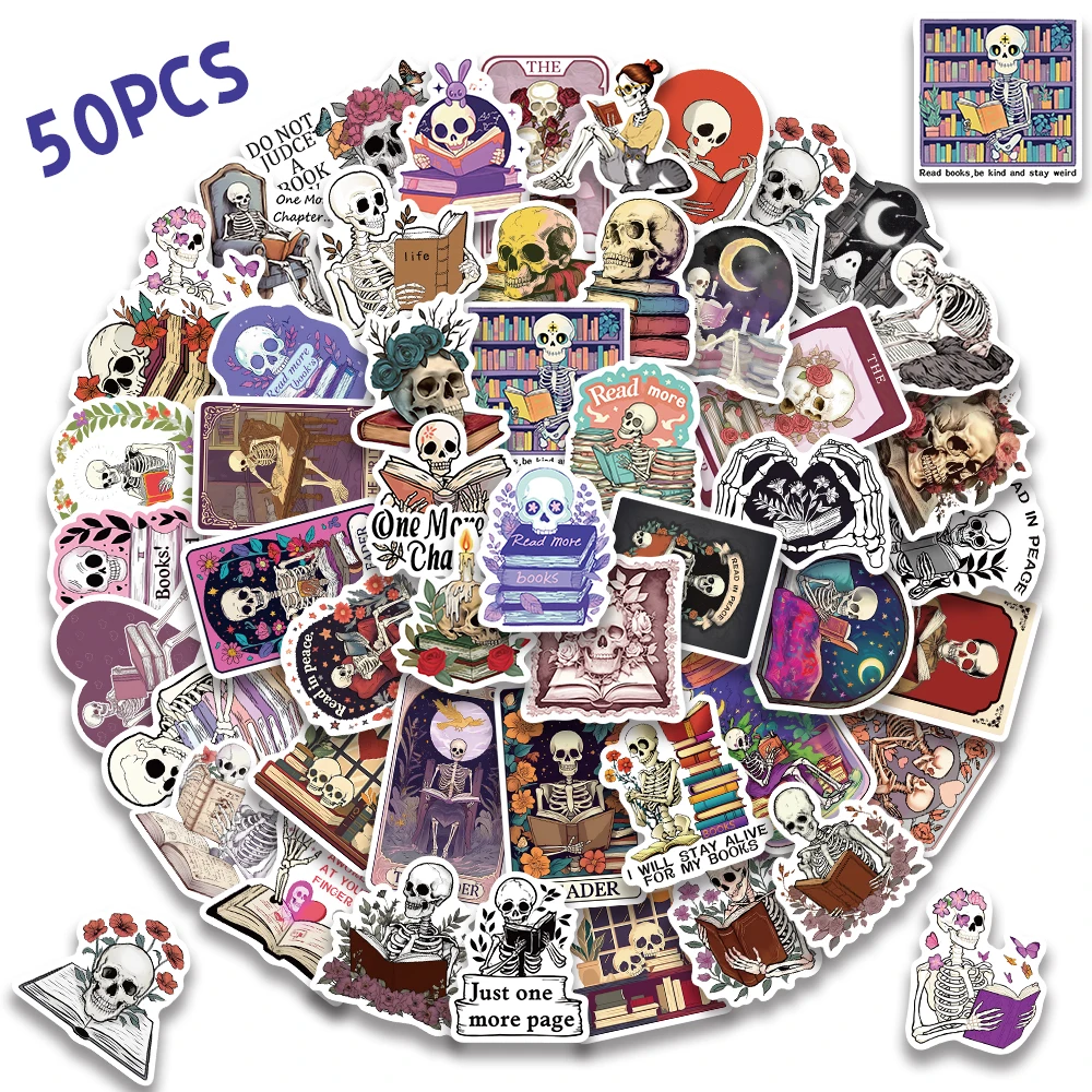 

50 шт., готическая книга с черепом, наклейка, романтический череп, книги для чтения, наклейки для ноутбука, мотоцикла, багажа, скрапбукинга, чехол для телефона, наклейки