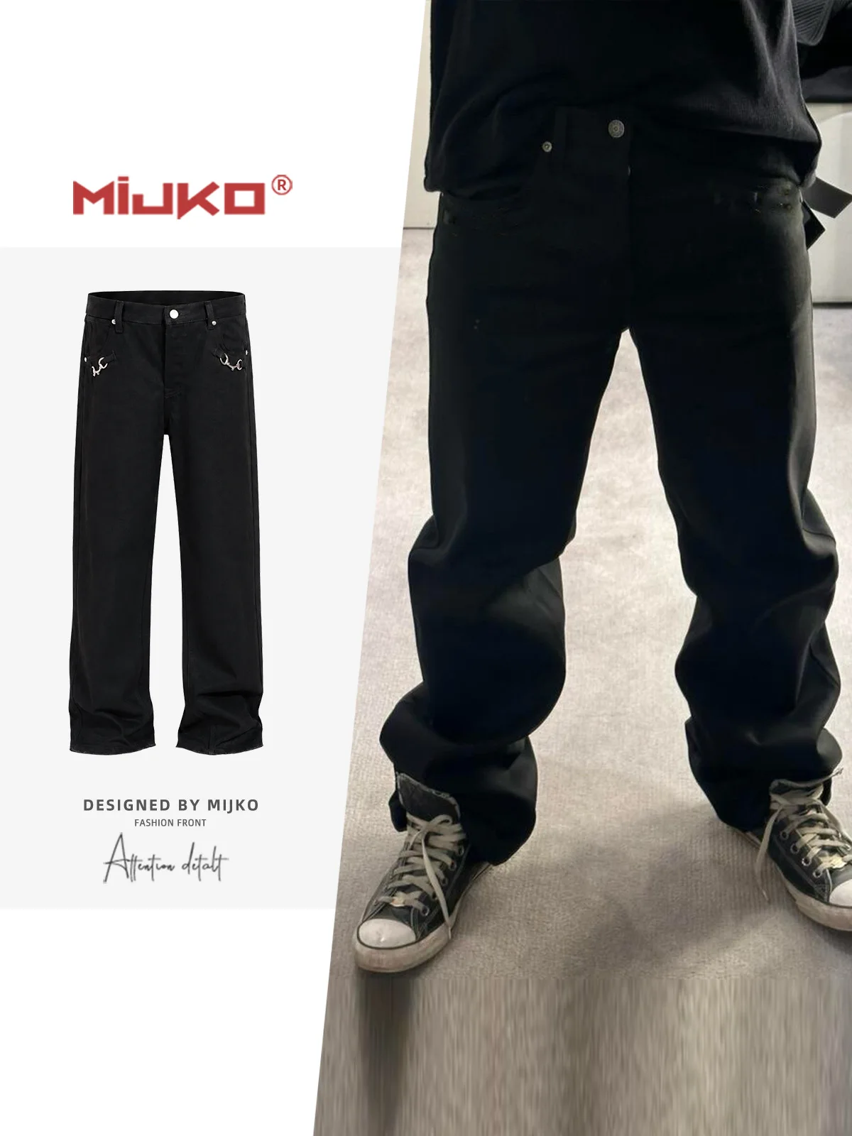 

MIJKO Metal Buckle Straight Jeans TJ189