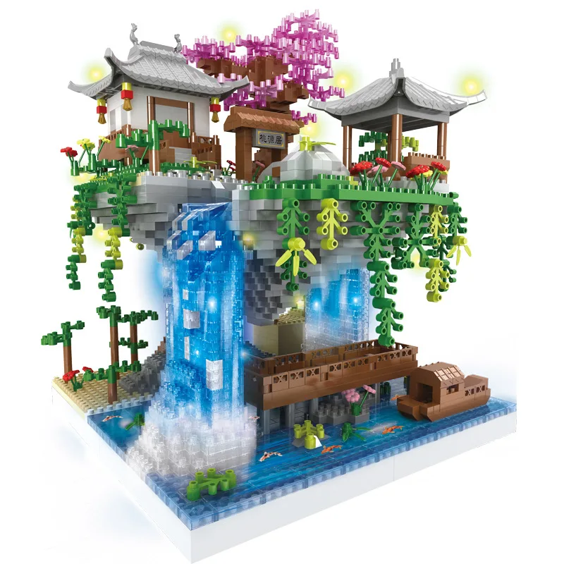 3320Pcs Peach Blossom Pool  Air Tree House Building Blocks Suzhou Garden DIY Assembly Bricks Toy LED Light Mini Diamond For Kid