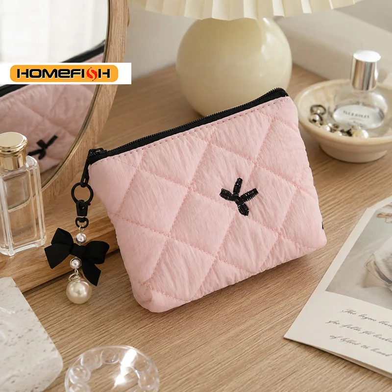 HOMEFISH Gesteppte Schleifen-Make-up-Tasche, Tragbare Reise-Tasche für Lippenstift, Kopfhörer, Kleine Gegenstände, Exquisite Handtasche – Detail 6