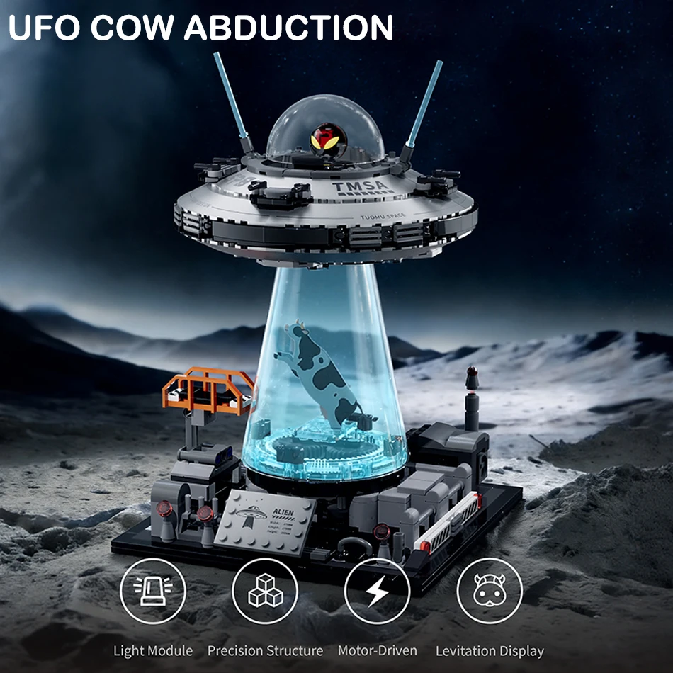 

Technical Space UFO Cow Abduction Spacecraft Building Blocks With Lighting Motor Set Aliens Spaceship Bricks Toys for Kids Gifts
