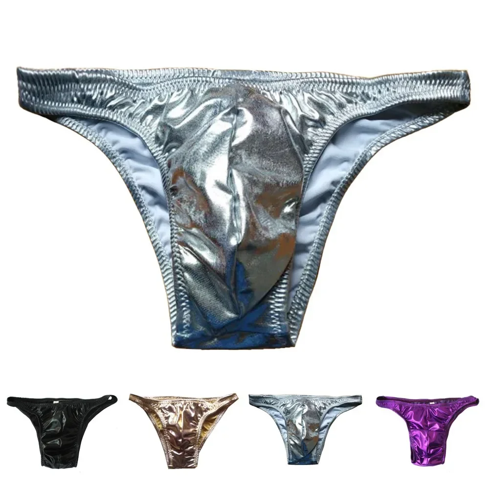 Bright Briefs Men Gold Silver Briefs Leather Underwear Men Bikini U Convex Penis Pouch Cueca Imitation Male Hipster Jockstrap