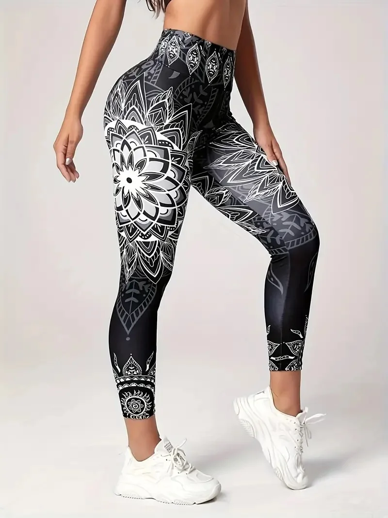 Patterned floral print casual women\'s pants elastic elastic waist tight-fitting leggings women\'s daily wear