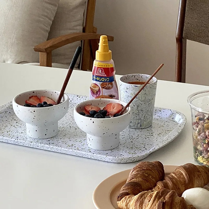 Korean Retro 4 Inch Footed Ceramic Bowl Splash Ink Dot Microwave Safe for Rice Noodle Cereal Soup Ice Cream Yogurt Fruit