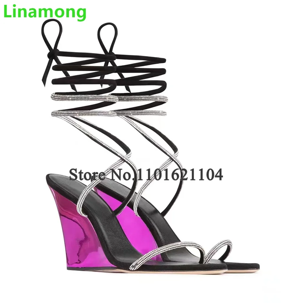 

Wedges Heel Ankle Lace-up Sandals For Female Women 2024 New Arrivals Round Toe Blingbling Sexy Fashion Party Summer Casual Shoes