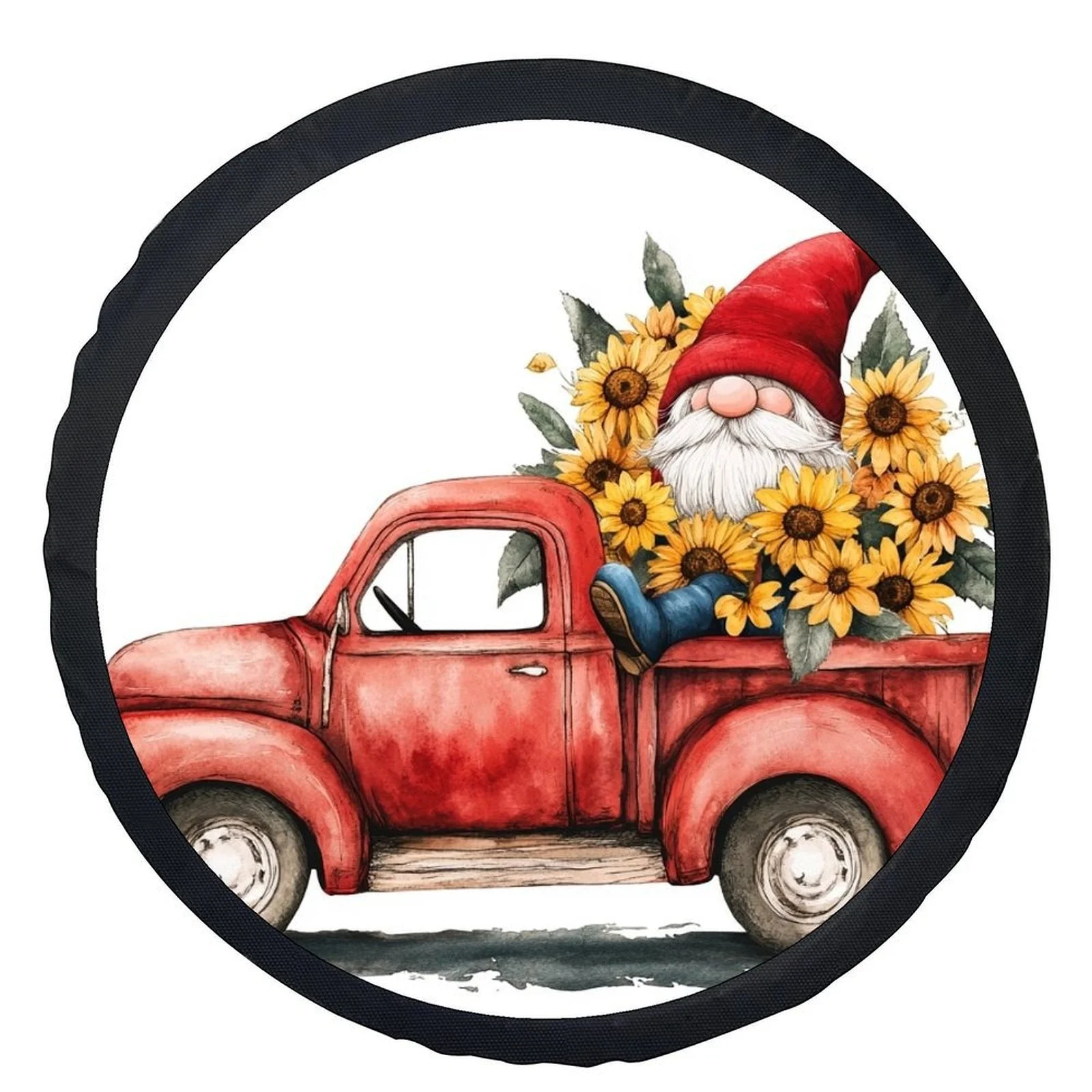 Single Red Truck Gnome Tire Cover With Sunflower Design, Stylish Universal Wheel Protection Cover, Fits Most Vehicle Wheels